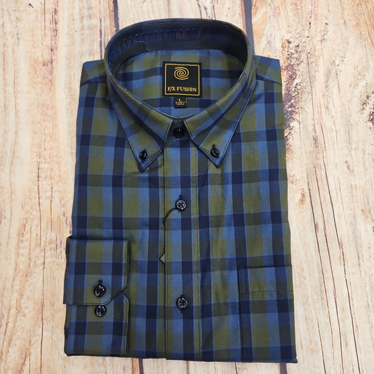 FX FUSION OLIVE/NAVY STACKED CHECK BUTTON UP