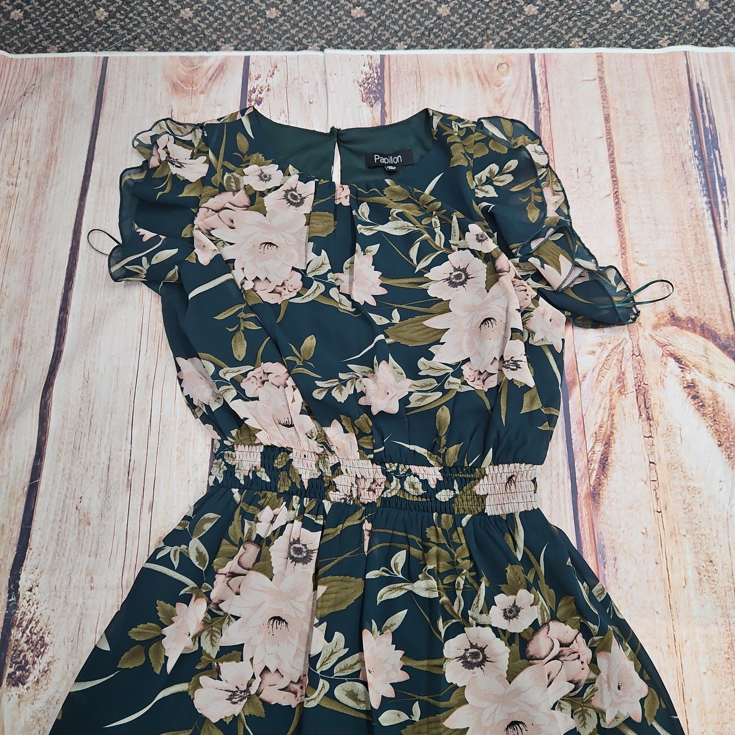 PAPILLON EMERALD FLORAL SMOCKED WAIST DRESS CLEARANCE