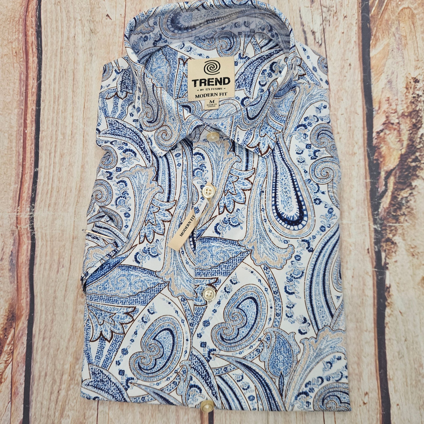 FX FUSION TREND S/S EXPLODED PAISLEY PRINT BLUE/TAN T1536
