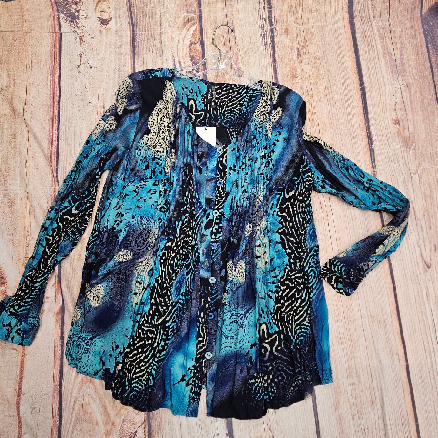 ETHYL LADIES TEAL/NAVY BUTTON UP TOP G6933D8