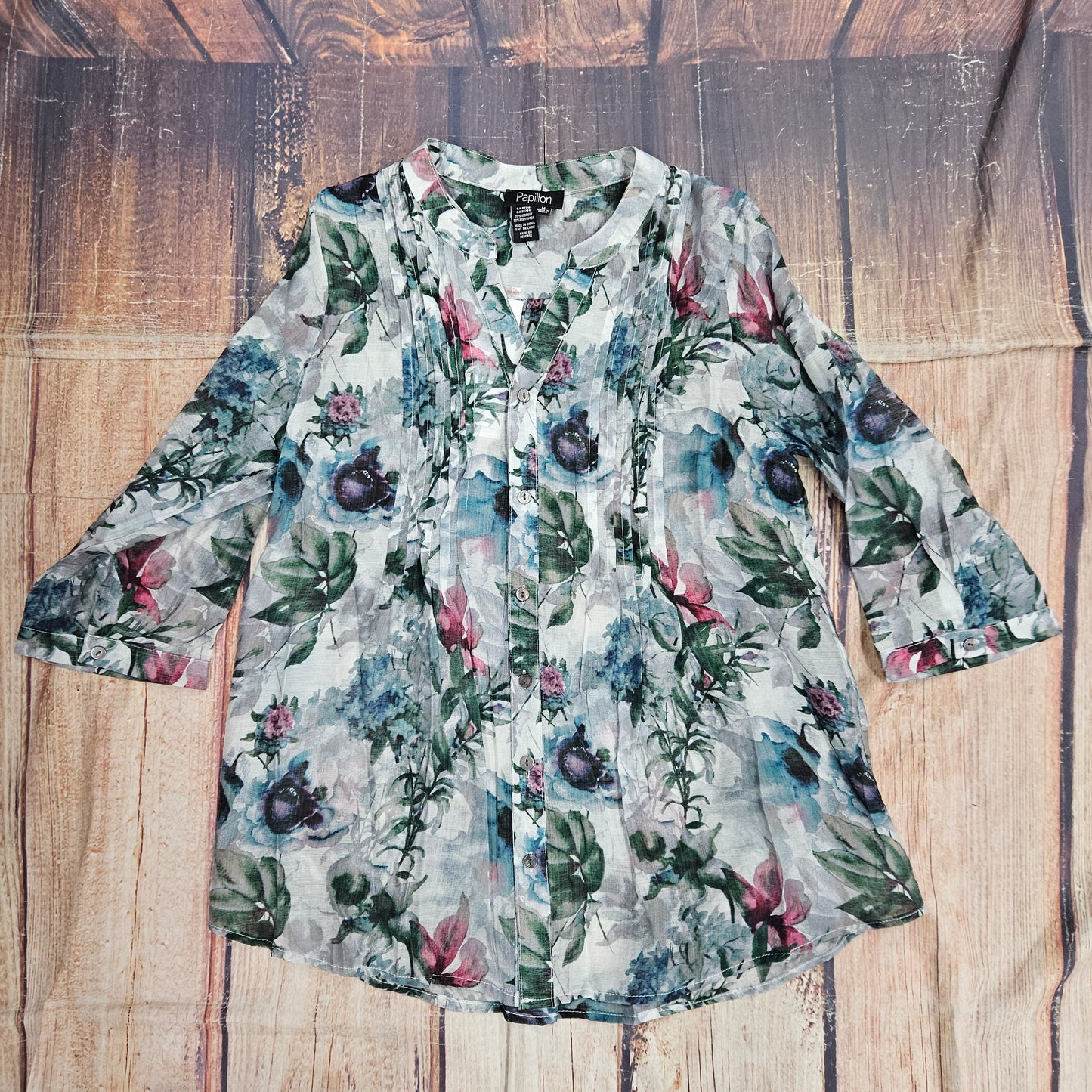 PAPILLON WOMENS FLORAL BUTTON FRONT BLOUSE W/ PINTUCKS