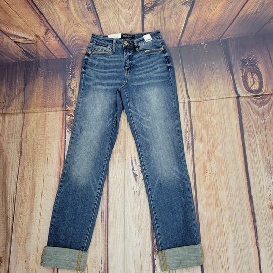 JUDY BLUE DOUBLE CUFF FRAY HEM MED BLUE-88541