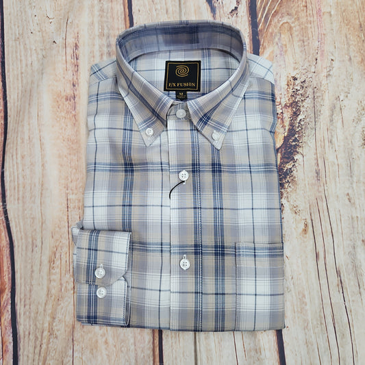 FX FUSION TAN/INDIGO SOFT PLAID BUTTON UP