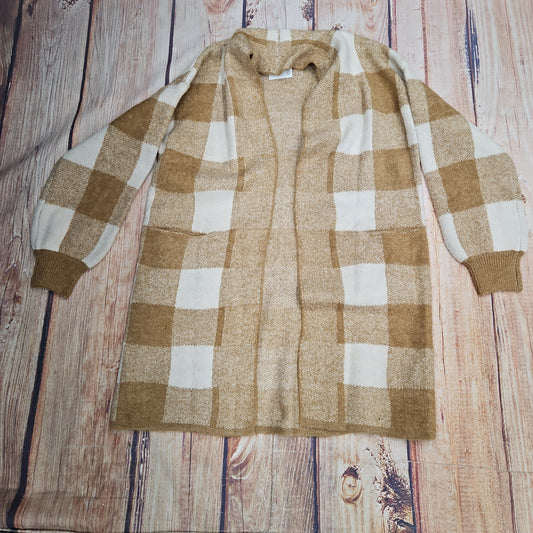 ASHLEY LONG SWEATER PLAID TAN W/POCKETS