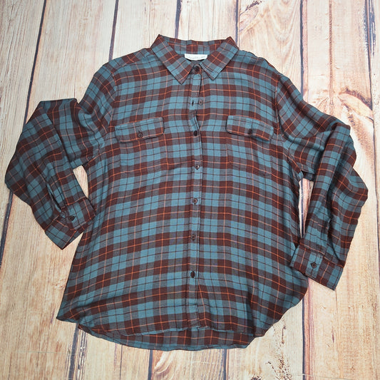 KEREN HEART TEAL/BROWN PLAID BUTTON DOWN