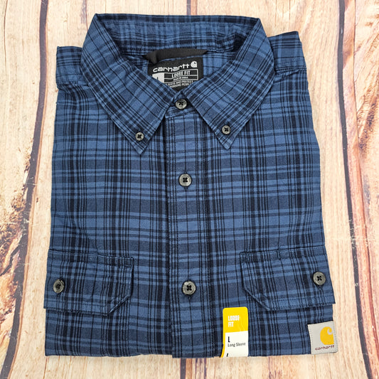 CARHARTT LOOSE FIT MIDWEIGHT CHAMBRAY LONG SLEEVE PLAID SHIRT 106355-DBL