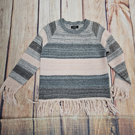 PAPILLON PINK AND BLACK STRIPED KNIT SWEATER WITH FRINGE