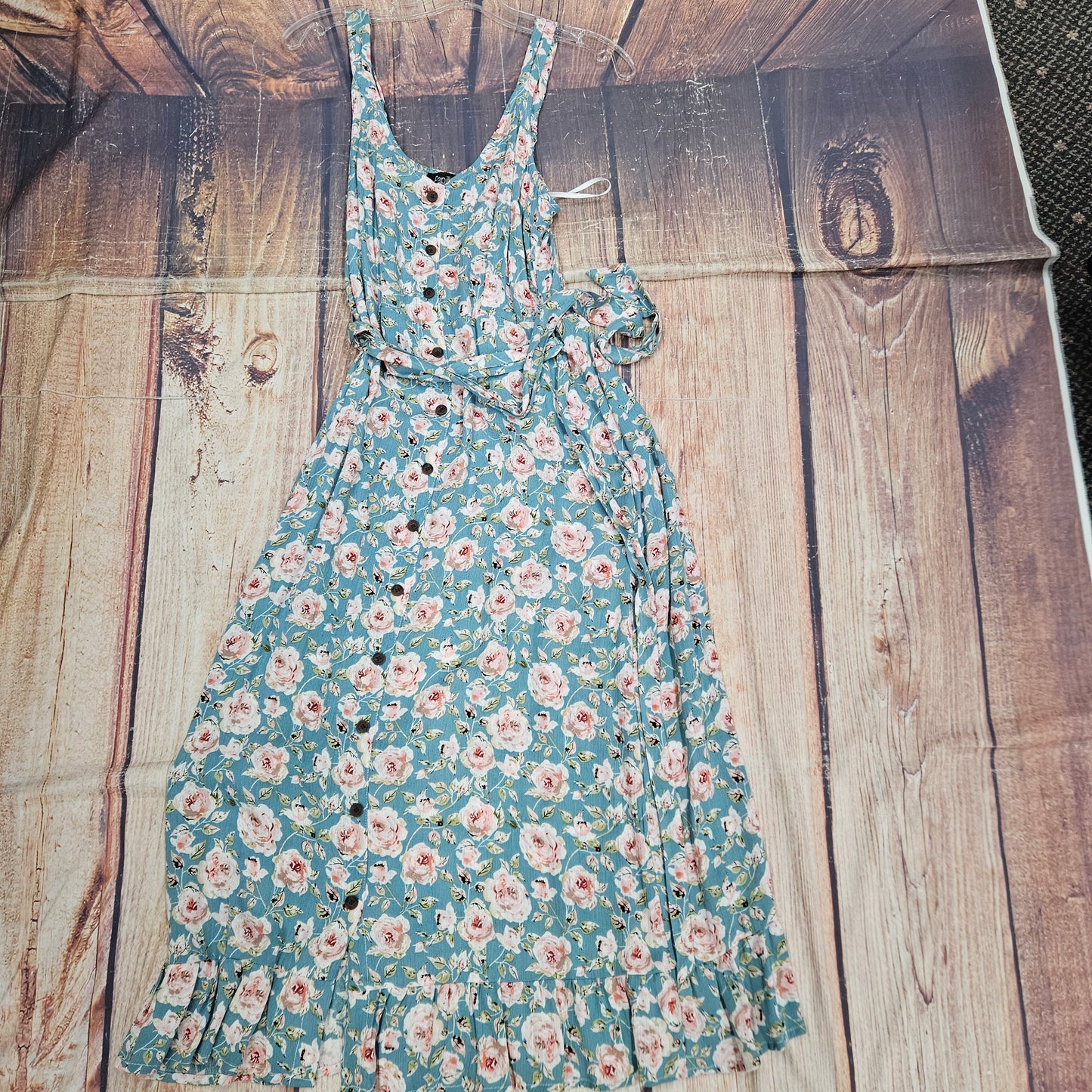 PAPILLON TEAL FLORAL CRINKLED DRESS WITH BELT