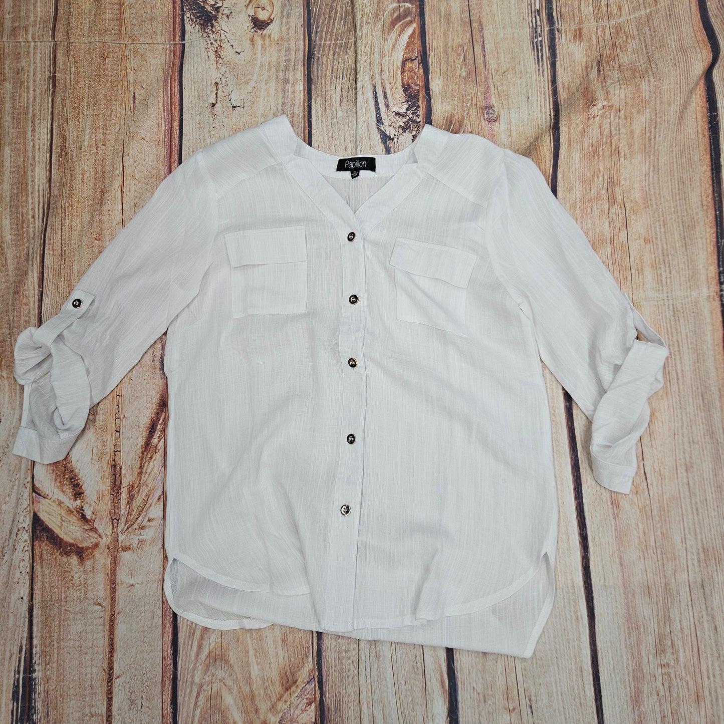 PAPILLON WOMENS BUTTON FRONT TAB SLEEVE BLOUSE PT18033