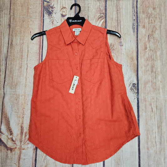 ARIAT WOMENS BILLIE JEAN SLVLESS SHIRT CHILI DOBBY 10058853