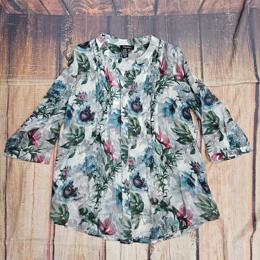 PAPILLON WOMENS FLORAL BUTTON FRONT BLOUSE W/ PINTUCKS