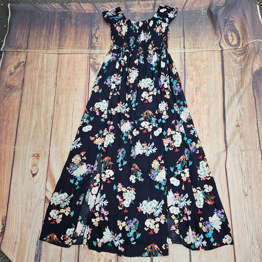 PAPILLON WOMENS FLORAL S/S SMOKED OTS MAXI W/ FRONT SLIT & POCKETS PD18522