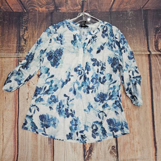 PAPILLON FLORAL KNIT HENLEY NECK W/TAB SLEEVE PT20006