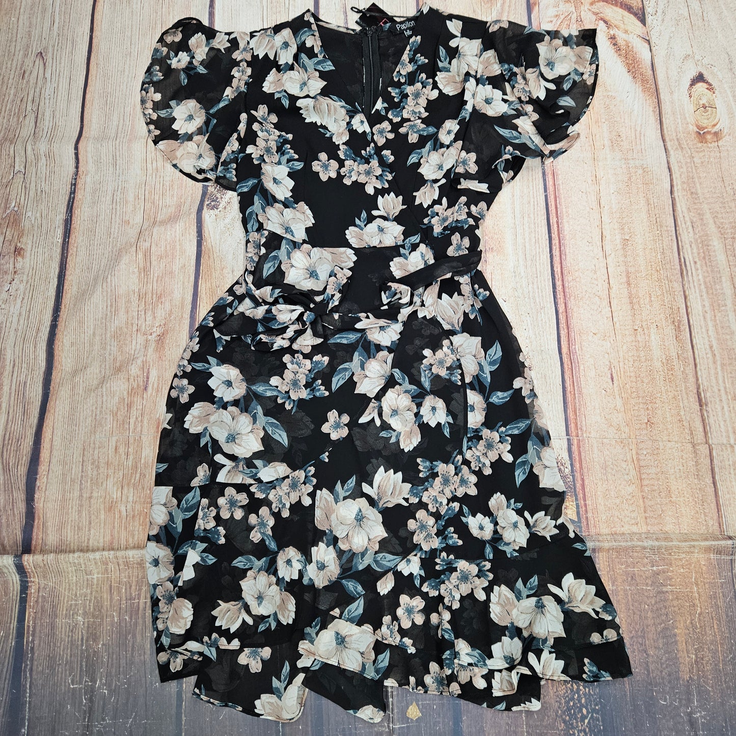 PAPILLON BLACK FLORAL DRESS WITH RUFFLE TRIM