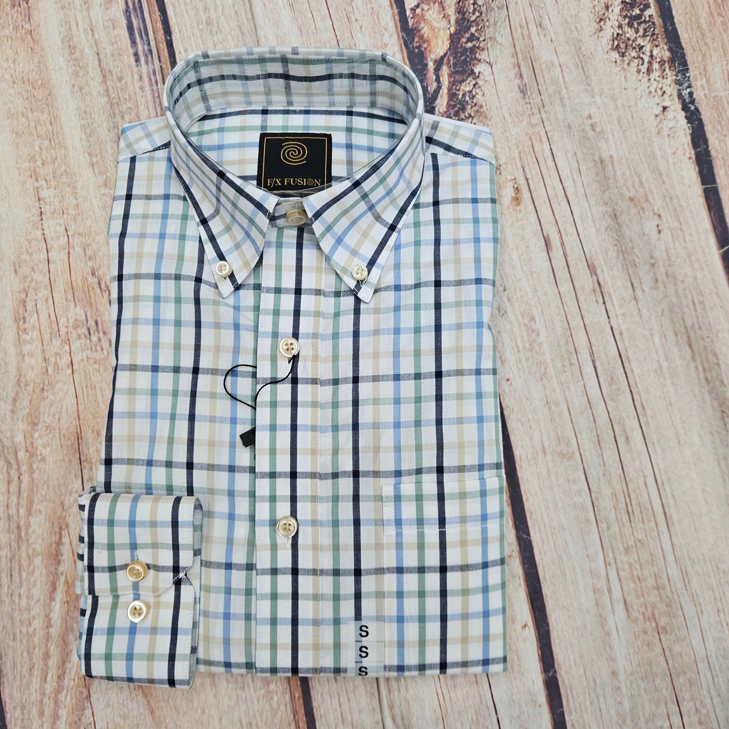 FX FUSION WHITE/GREEN/NAVY LS TEXTURED CHECK D11003
