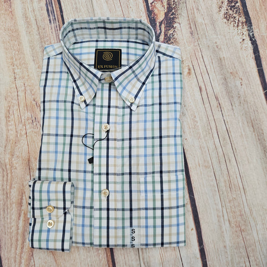 FX FUSION WHITE/GREEN/NAVY LS TEXTURED CHECK D11003